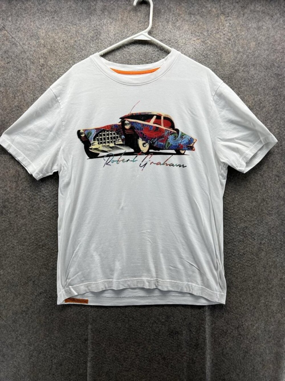Robert Graham Shirt Mens Large White Car Graphic Tee Crewneck Tagless Cotton